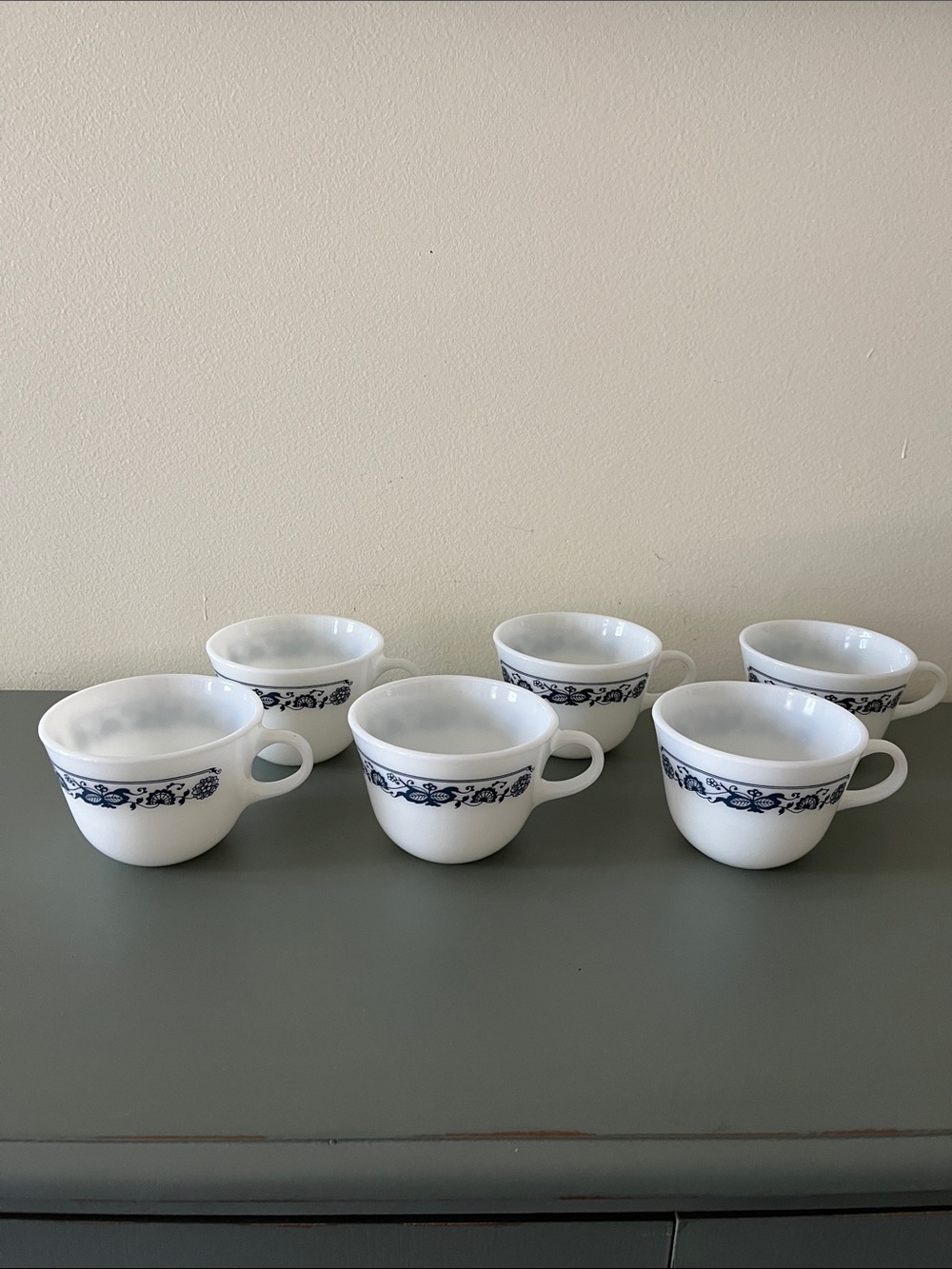 Vintage Pyrex milk glass coffee and tea cups “Old Town Blue”- 6-Pack